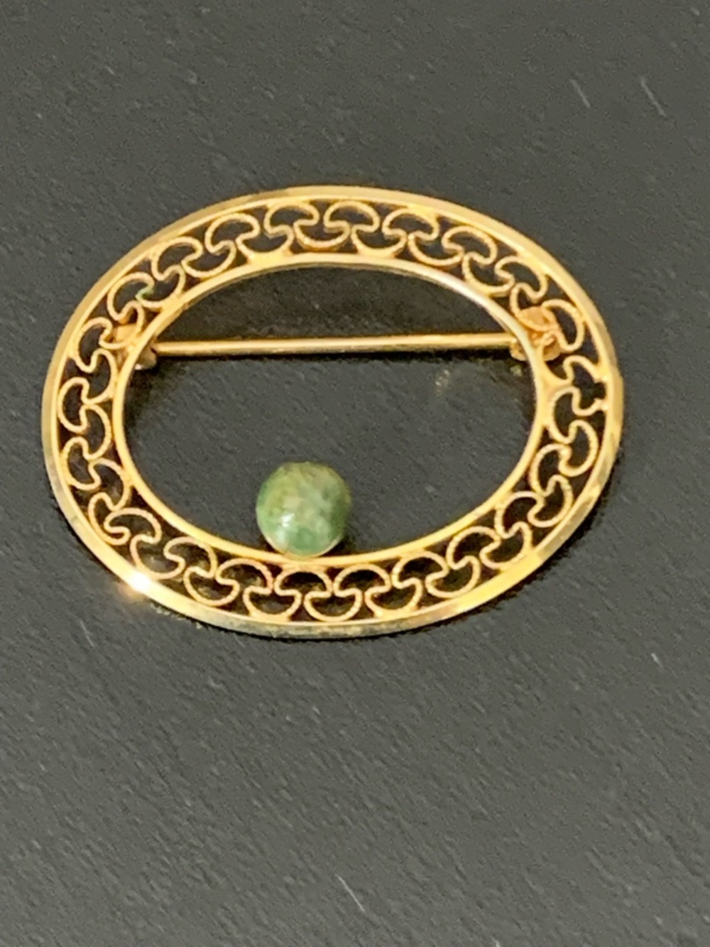 Vintage Burt Cassell 12K Gold Filled Oval Filigree Brooch with Green Jadeite Bea